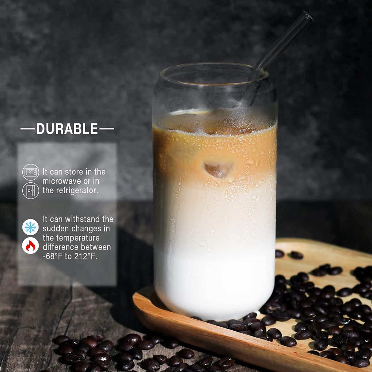 DS BS 6 Pack Drinking Glass Cup with Bamboo Lid and Straw Set