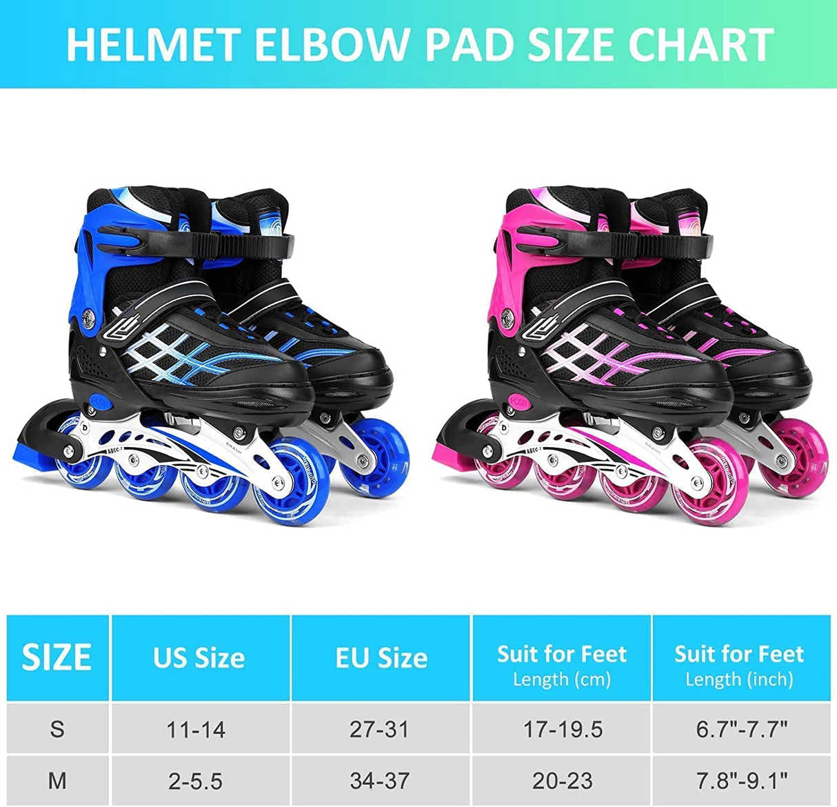 DS BS Kids Adjustable Inline Skates with Light Up Wheels Size27-32 Blue