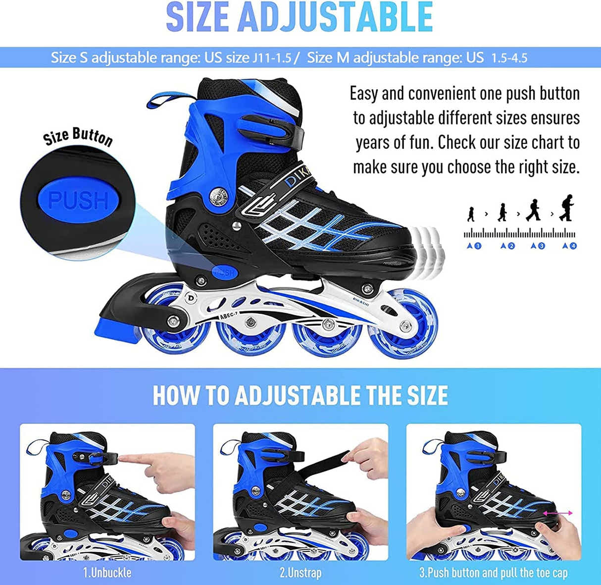 DS BS Kids Adjustable Inline Skates with Light Up Wheels Size33-37 Blue