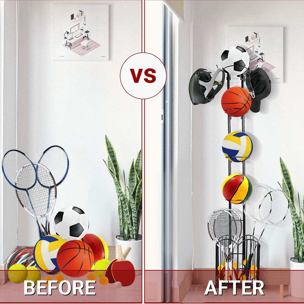 DS BS 4 Tier Sports Equipment Ball Storage Rack with Basket