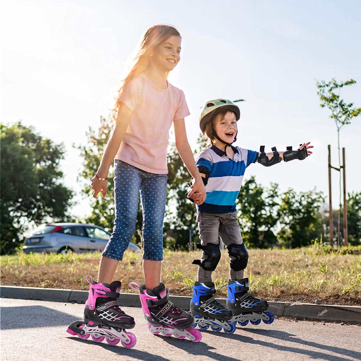 DS BS Kids Adjustable Inline Skates with Light Up Wheels Size27-32 Blue