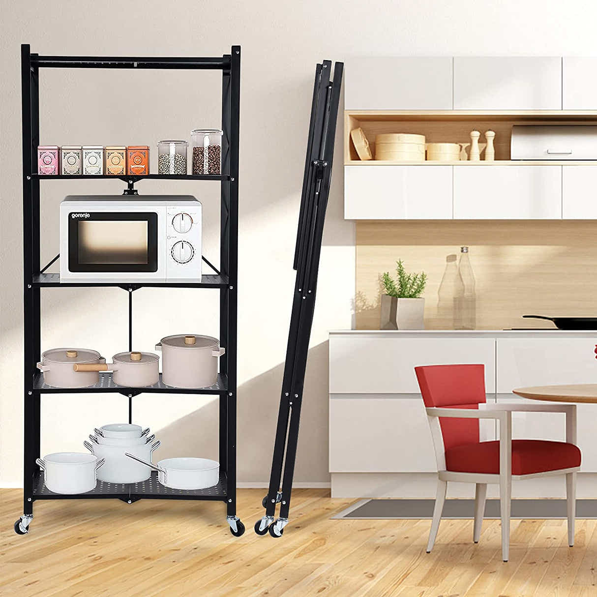 DS BS Foldable 5 Tier Kitchen Trolley Shelving Unit with Wheels