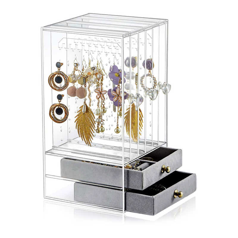 DS BS Acrylic Earring Holder and Jewelry Organizer 3 Slots 2 Drawers