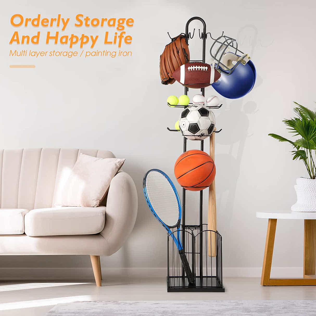 DS BS 4 Tier Sports Equipment Ball Storage Rack with Basket