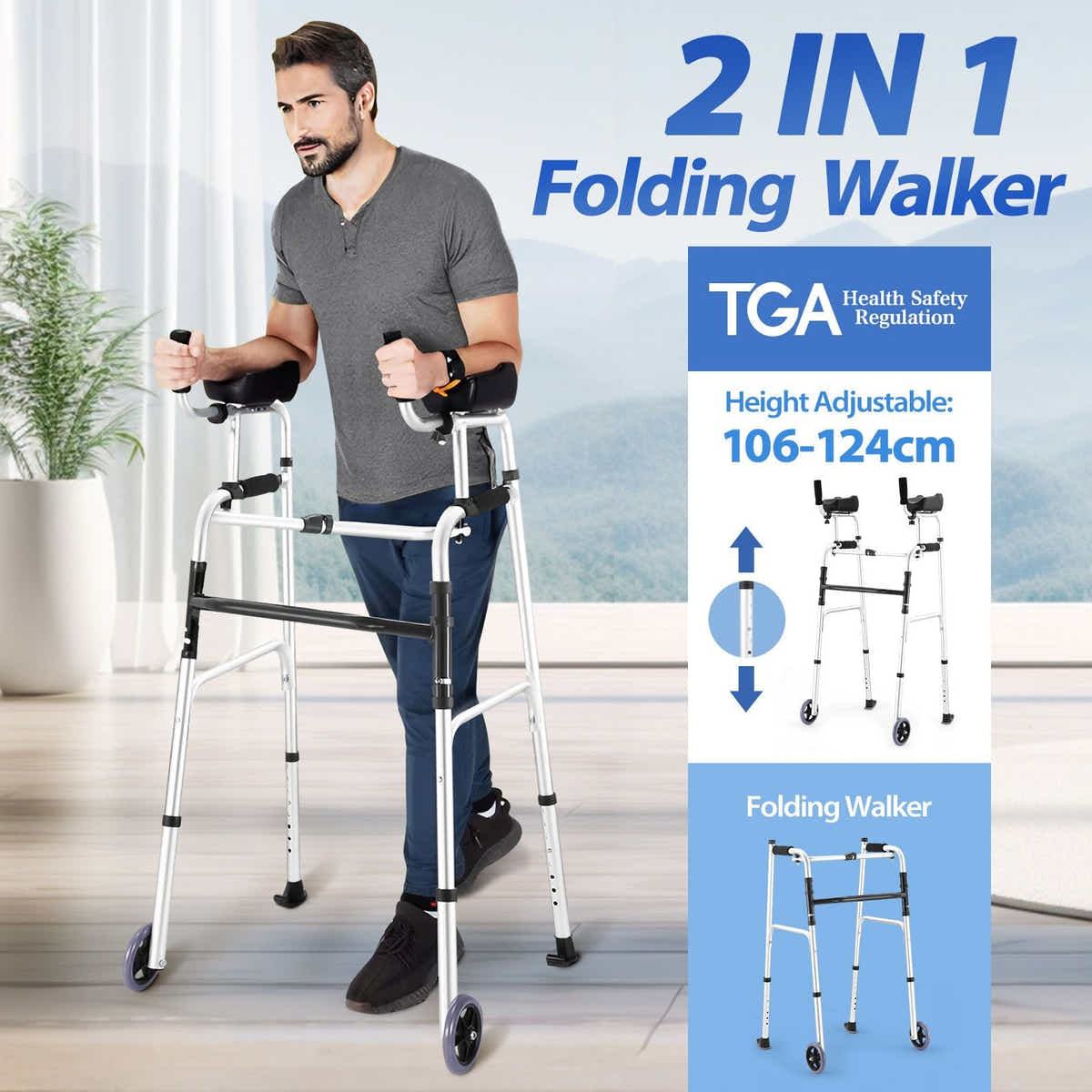 DS BD 2in1 Folding Walker Medical Aid Elderly Mobility Walking Adjustable Toilet