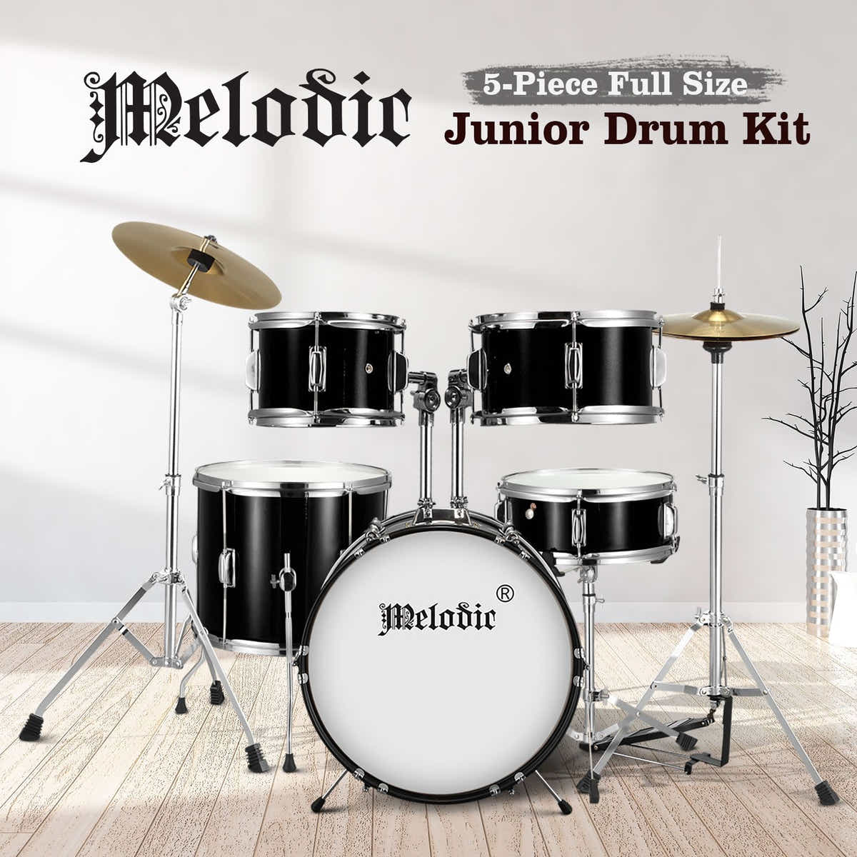 DS BD Melodic 5 Piece Kids Junior Drum Set w/ Hi Hat Cymbals Kick Pedal Stool