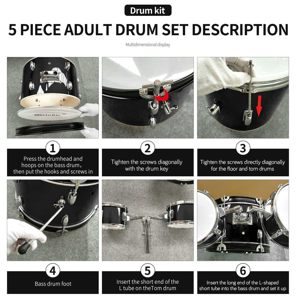 DS BD Melodic 5 Piece Kids Junior Drum Set w/ Hi Hat Cymbals Kick Pedal Stool