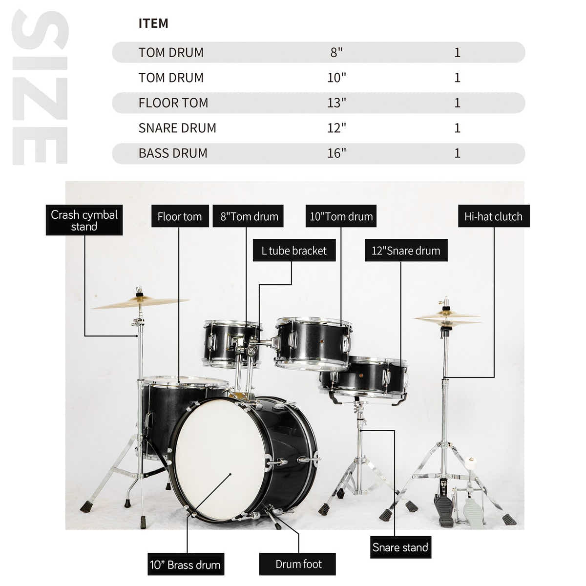 DS BD Melodic 5 Piece Kids Junior Drum Set w/ Hi Hat Cymbals Kick Pedal Stool