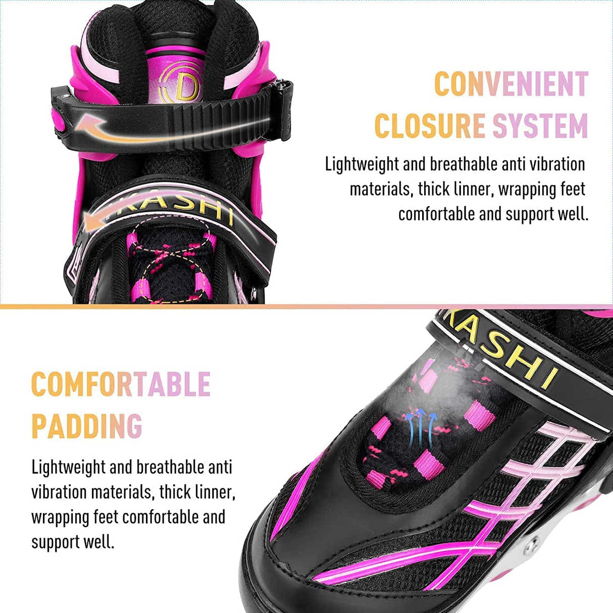 DS BS Kids Adjustable Inline Skates with Light Up Wheels Size33-37Pink