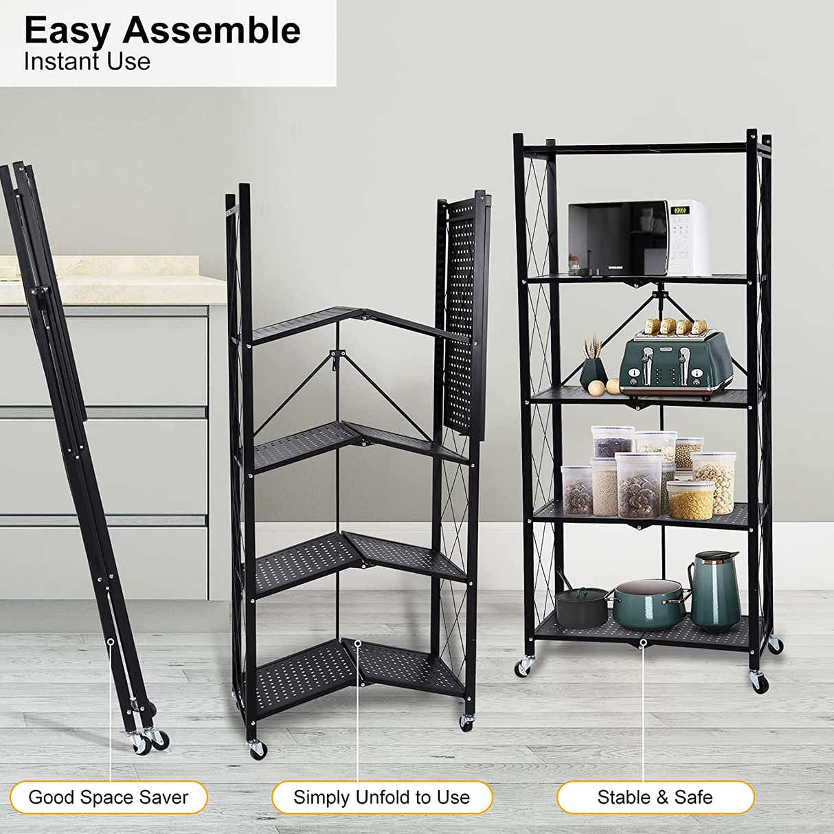 DS BS Foldable 5 Tier Kitchen Trolley Shelving Unit with Wheels