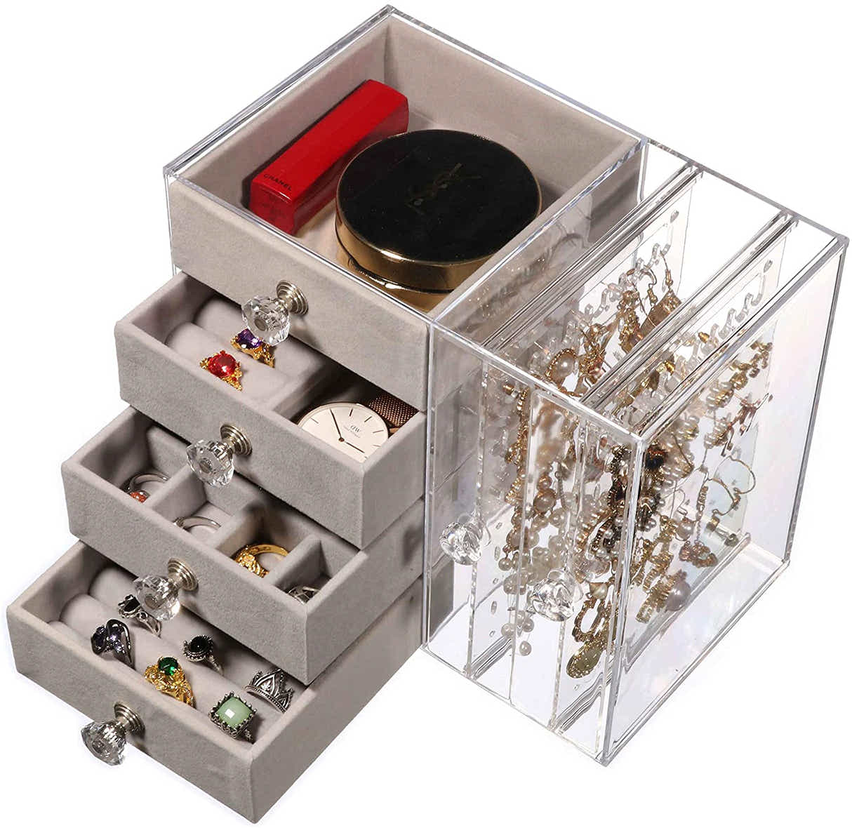 DS BS Acrylic Earring Holder and Jewelry Organizer 2 Slots 4 Drawers