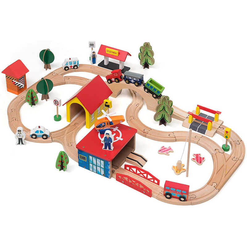 DS BS Wooden Train Tracks & Trains Construction Toys-Railway Station