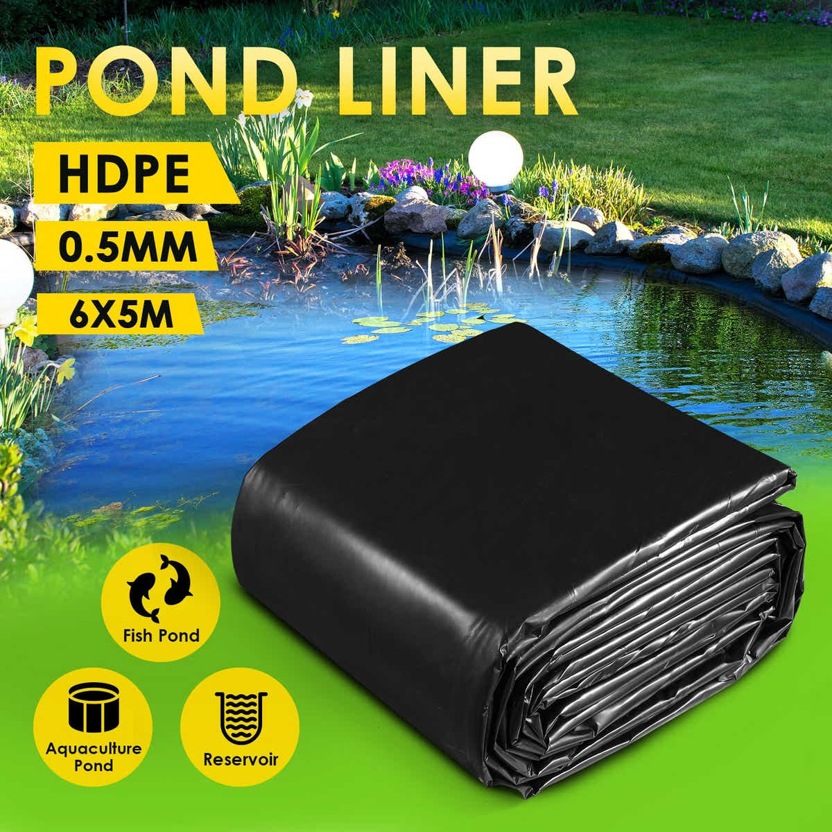 DS BD 5x6m Pond Liner HDPE Fish Water Pad Black Fountain Reservoir Duty 0.5mm