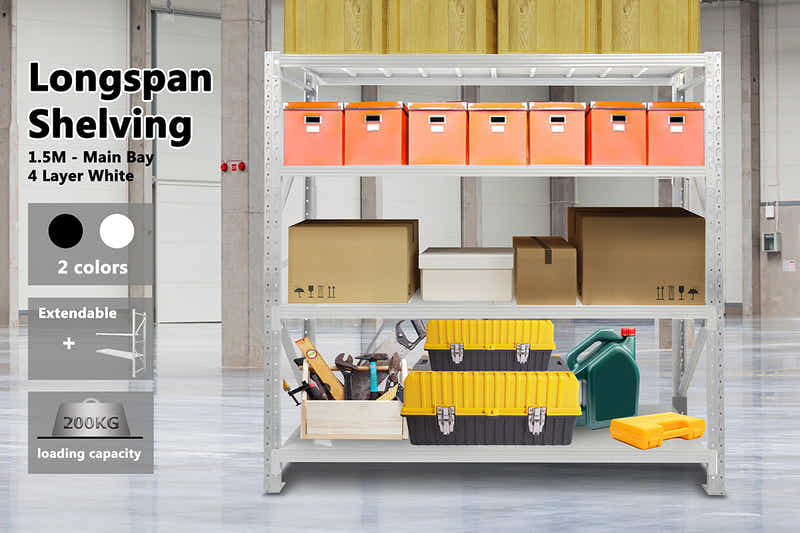 4-Layer Longspan Shelving Grey White - 1.5 M
