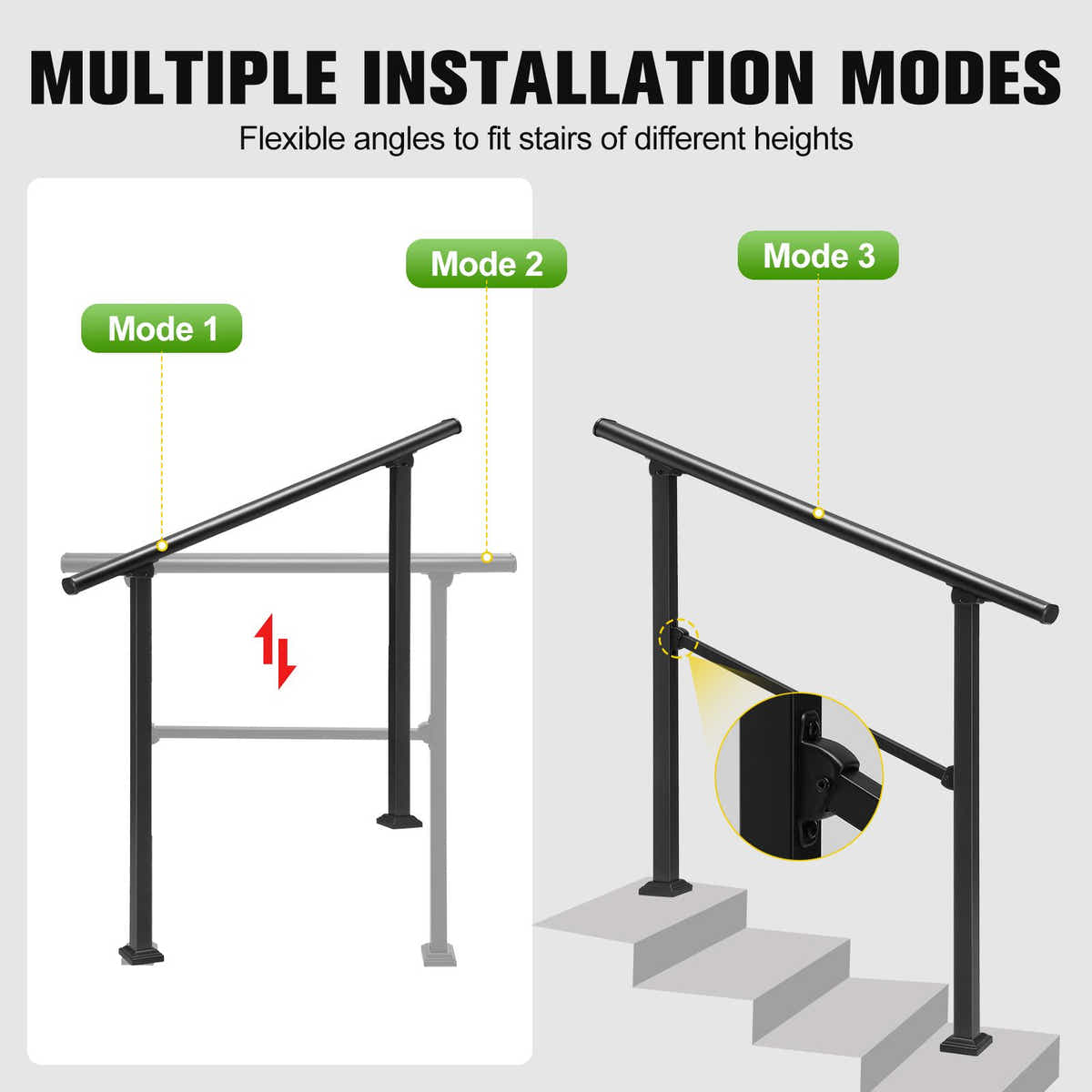 DS BD Stair Handrail 4 to 5 Steps Metal Adjustable Black Safety Guard