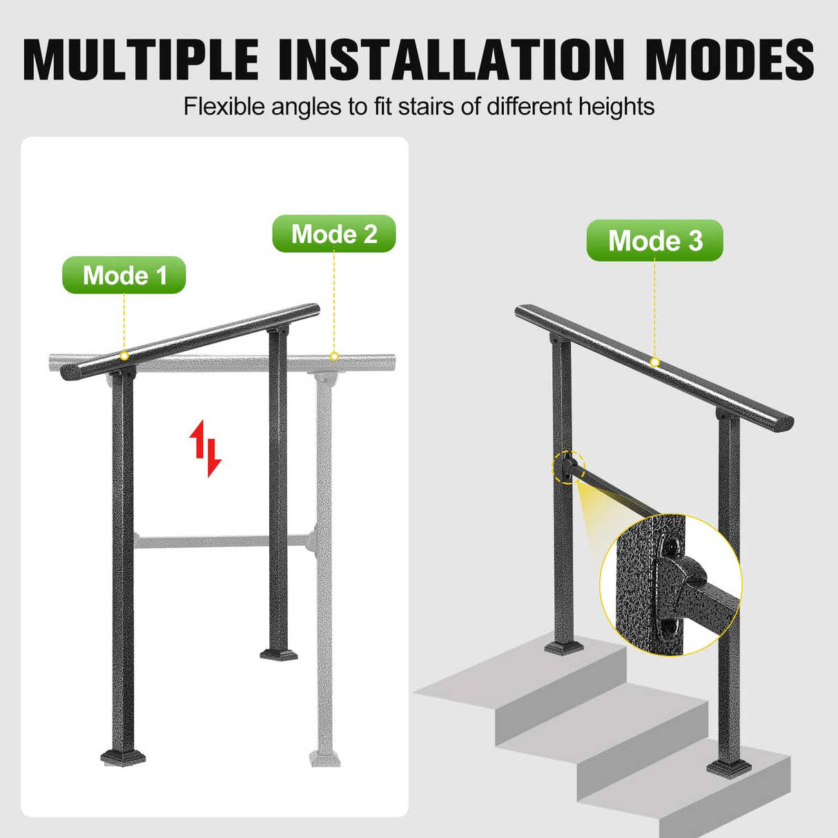 DS BD Stair Handrail 2 to 3 Steps Black Metal Adjustable Safety Guard