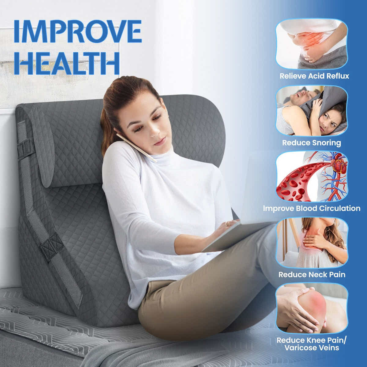 DS BD Wedge Pillow Set 3Pcs Triangle Bed Cushion Memory Foam Head Adjustable