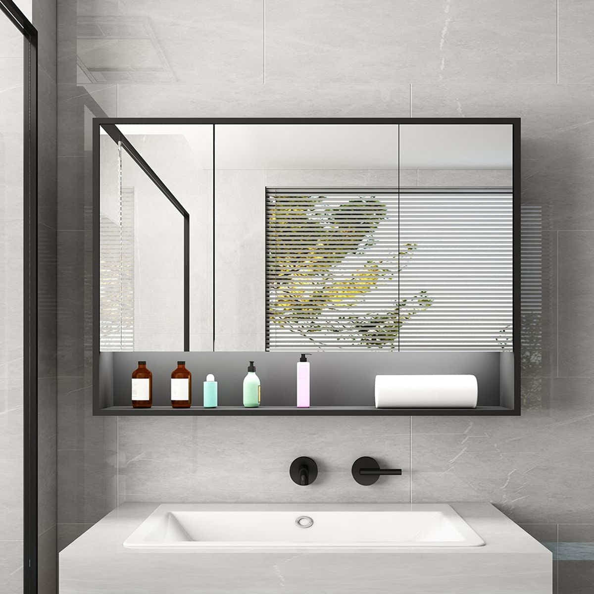 DS BD Bathroom Mirror Cabinet Medicine Storage Organiser LED Lights Doors Black