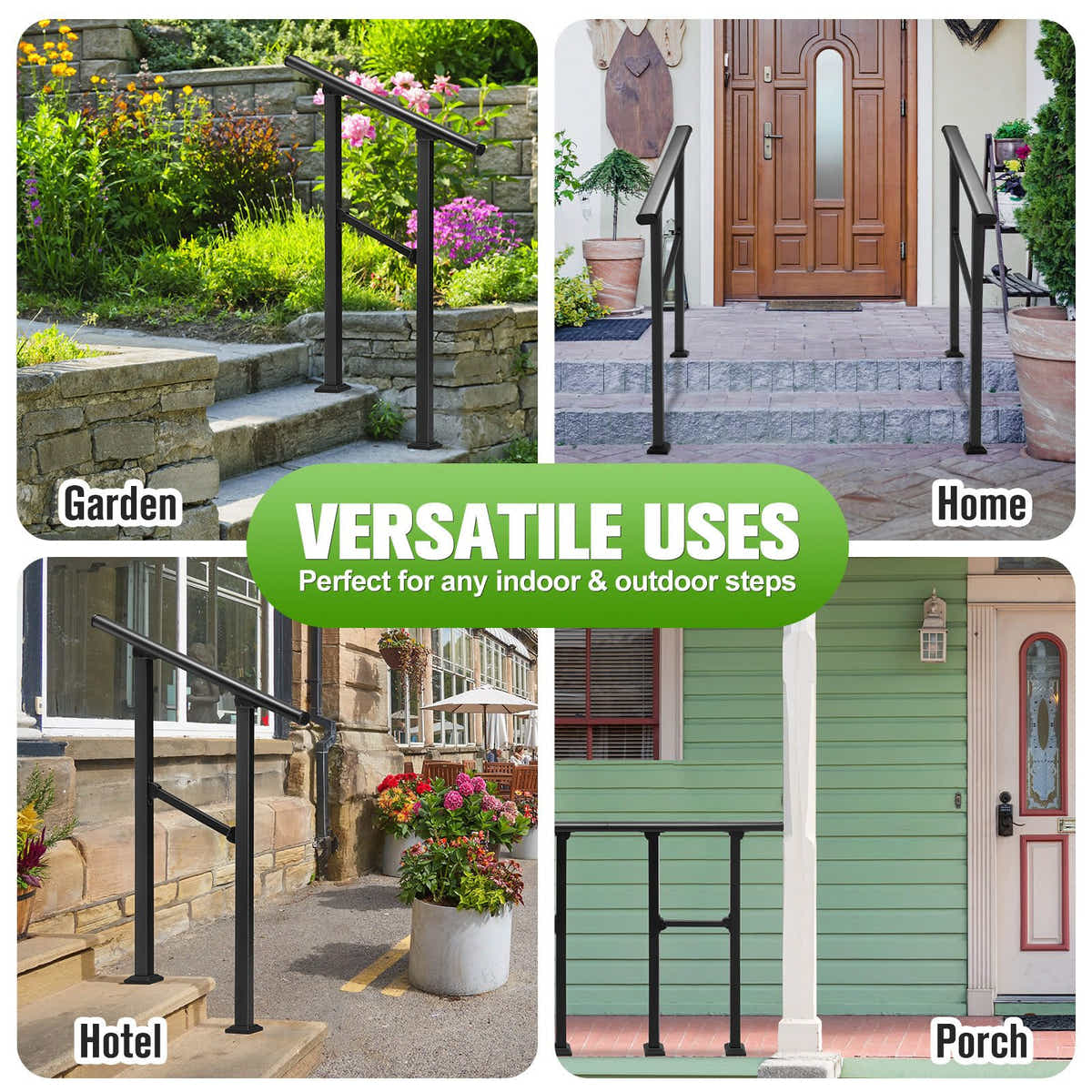 DS BD Stair Handrail 1 to 2 Steps Black Metal Adjustable Safety Guard