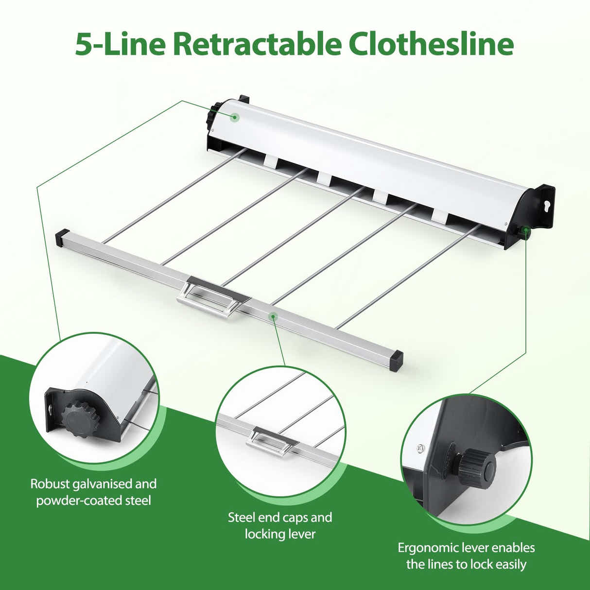 DS BD Retractable Clothesline 5 Line Clothes Dryer Cord 50m Galvanised Steel