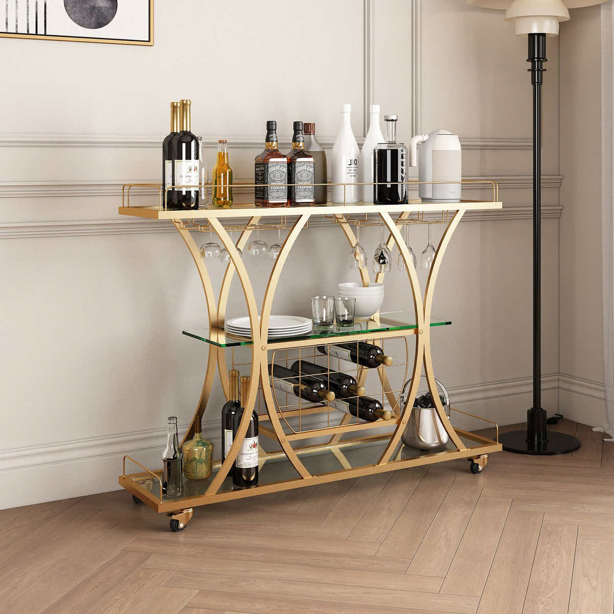 DS BD Bar Cart Wine Rack Drinks Gold Glass Holder Storage Rolling Metal Frame