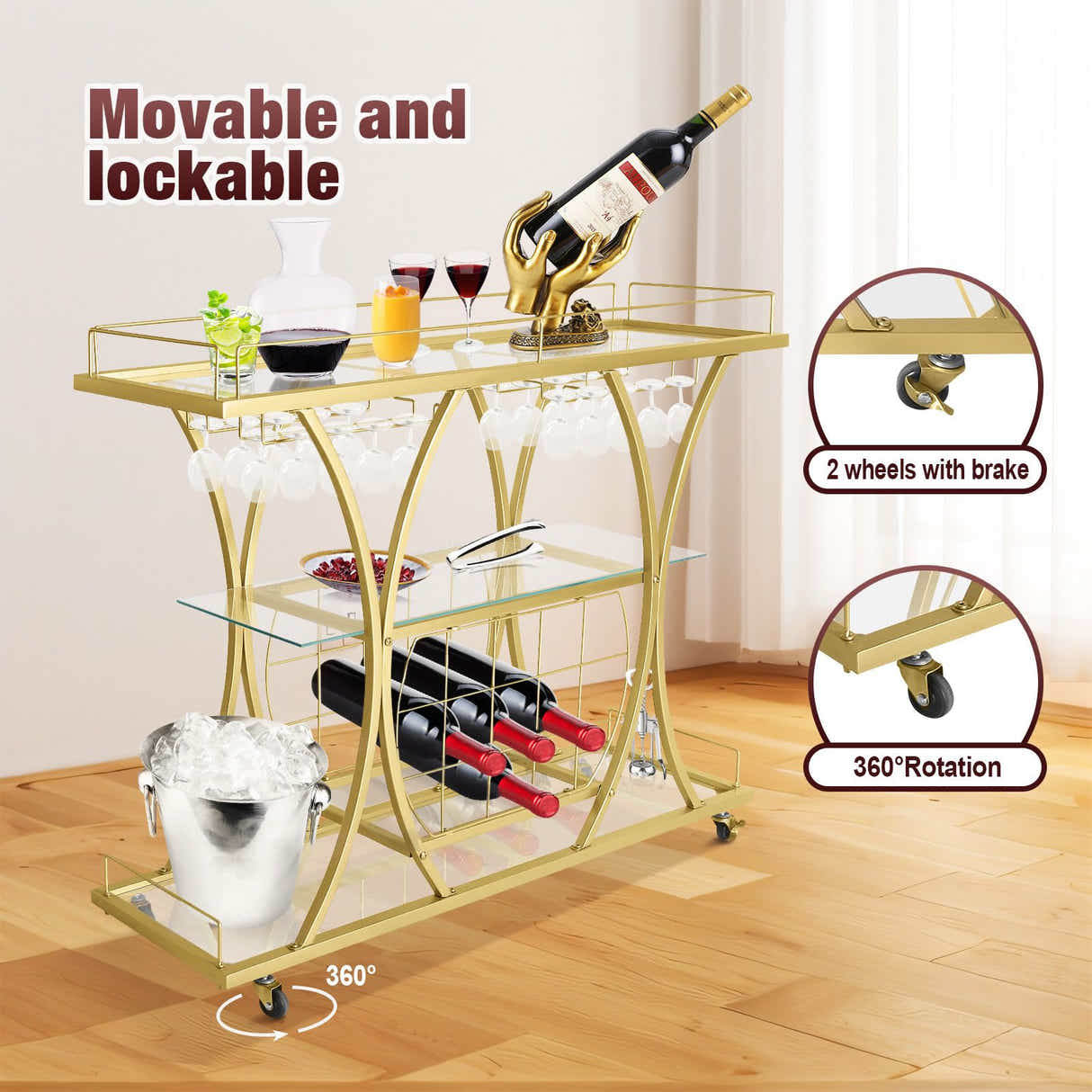 DS BD Bar Cart Wine Rack Drinks Gold Glass Holder Storage Rolling Metal Frame