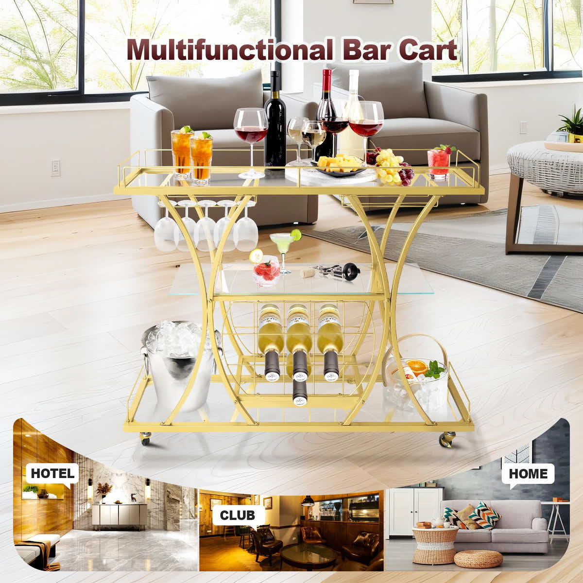 DS BD Bar Cart Wine Rack Drinks Gold Glass Holder Storage Rolling Metal Frame