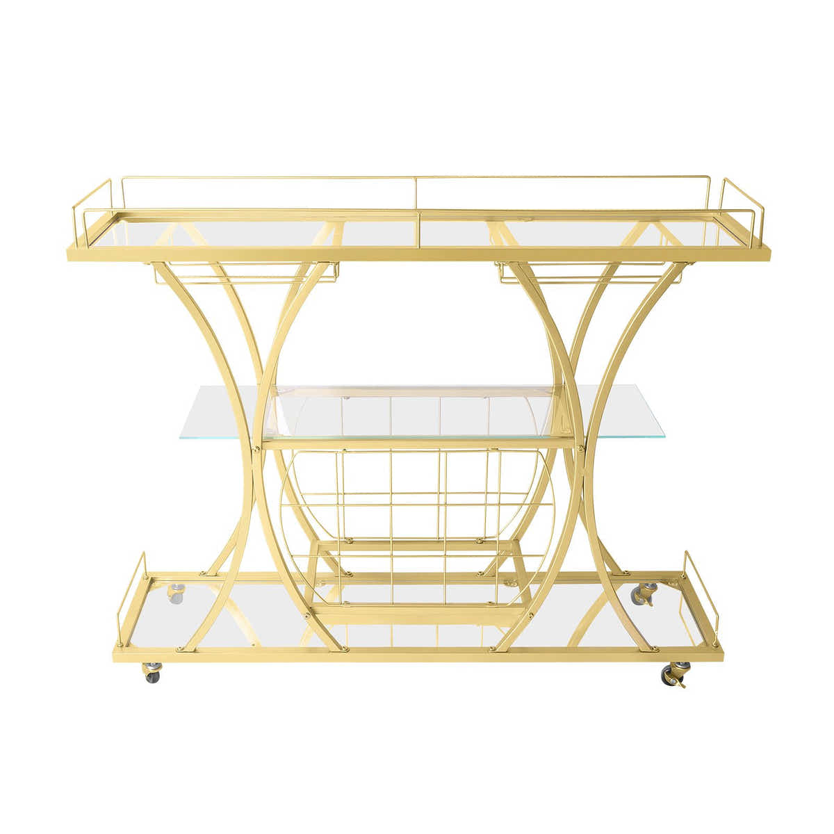 DS BD Bar Cart Wine Rack Drinks Gold Glass Holder Storage Rolling Metal Frame