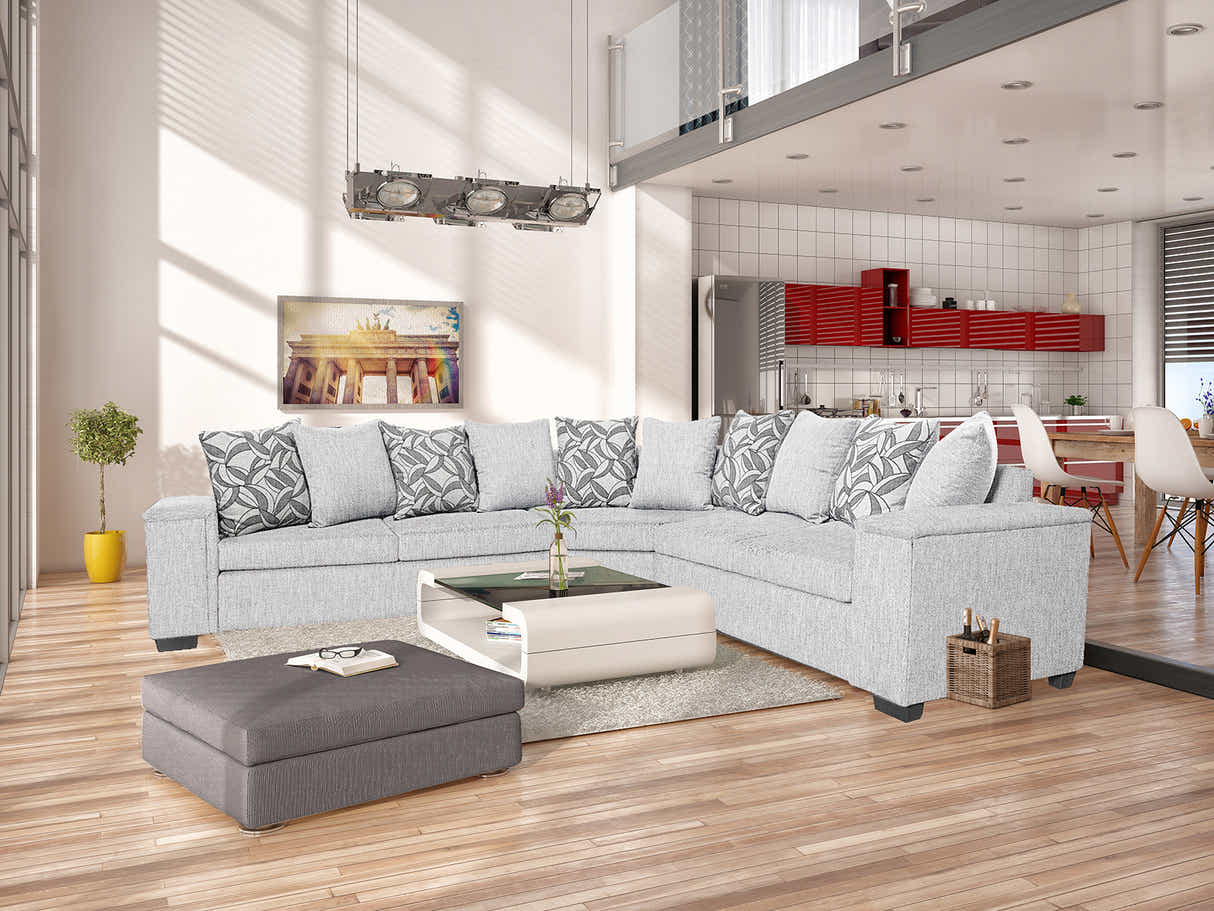 DS NZ Made Ella Corner Sofa with Pattern Cushion - Comfy Silver