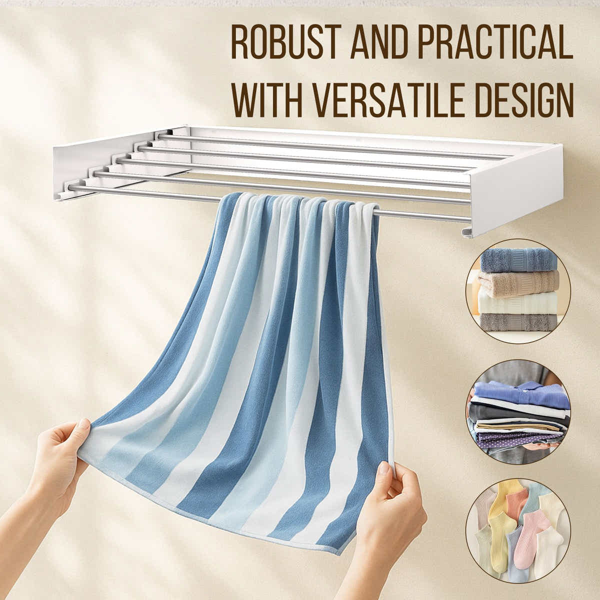 DS BD Clothes Drying Rack Wall Mounted Folding Indoor Aluminium 5 Hanging Rods