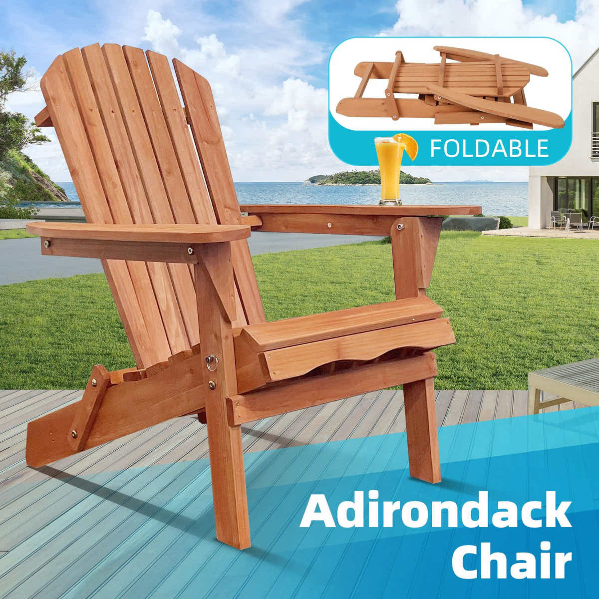 DS BD Folding Adirondack Chair Wood Patio Backyard Beach Lounge Garden Fire Pit