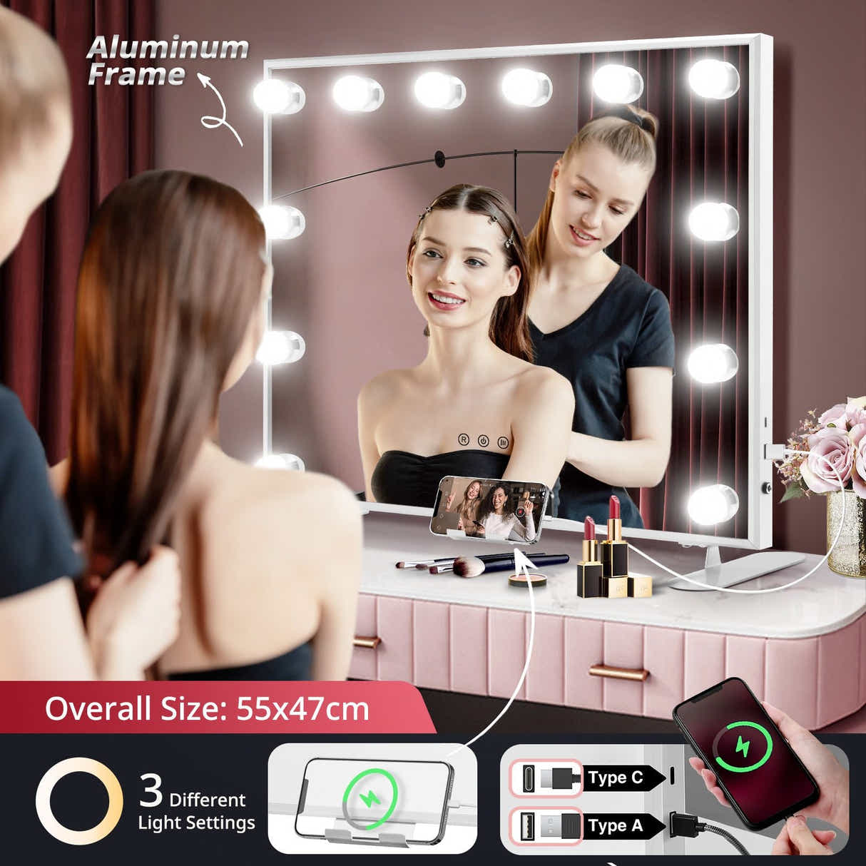 DS BD Hollywood Vanity Mirror 12 Lights Dimmable LED Bulbs Tabletop Lighted
