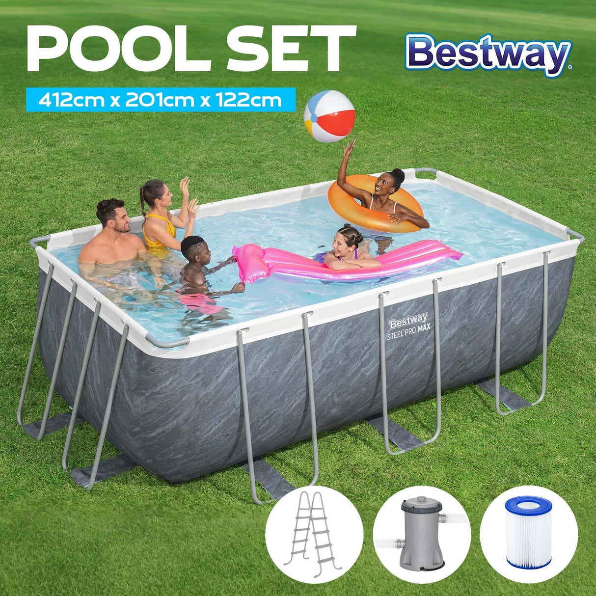 DS BD Bestway Above Ground Swimming Pool Set Rectangle 4.12x2.01x1.22m 8124L