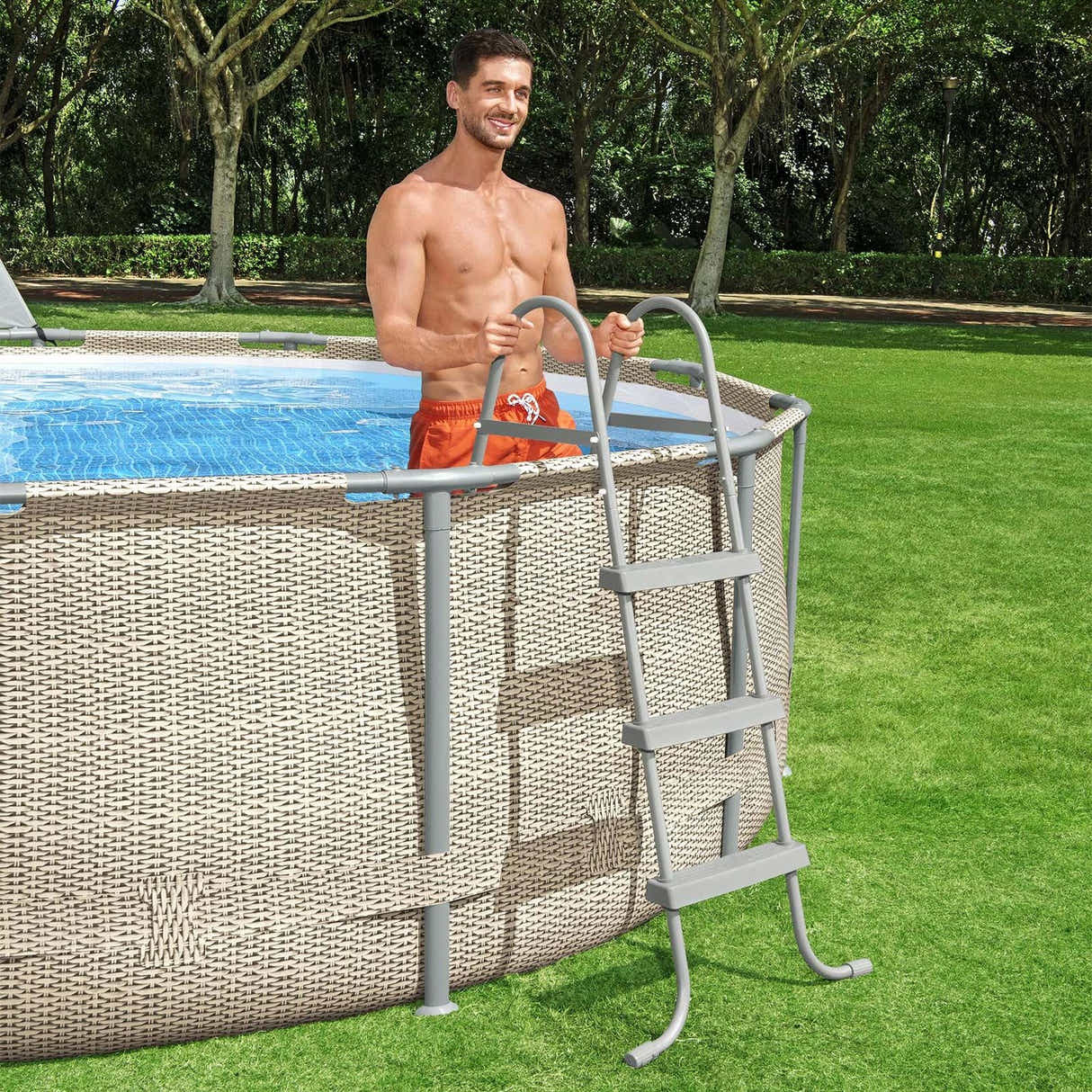 DS BD Bestway Pool Ladder Above Ground Swimming Steps Stairs Steel Frame Deluxe