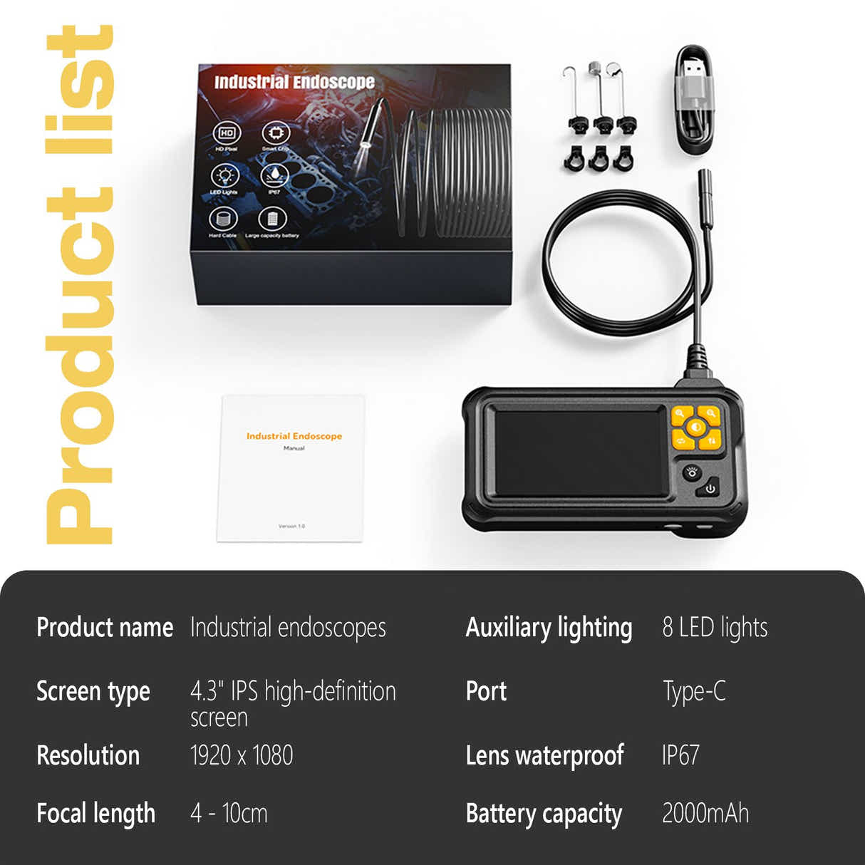 DS BD Endoscope Inspection Camera Snake Borescope Tools 8 LED Lights HD 1080P