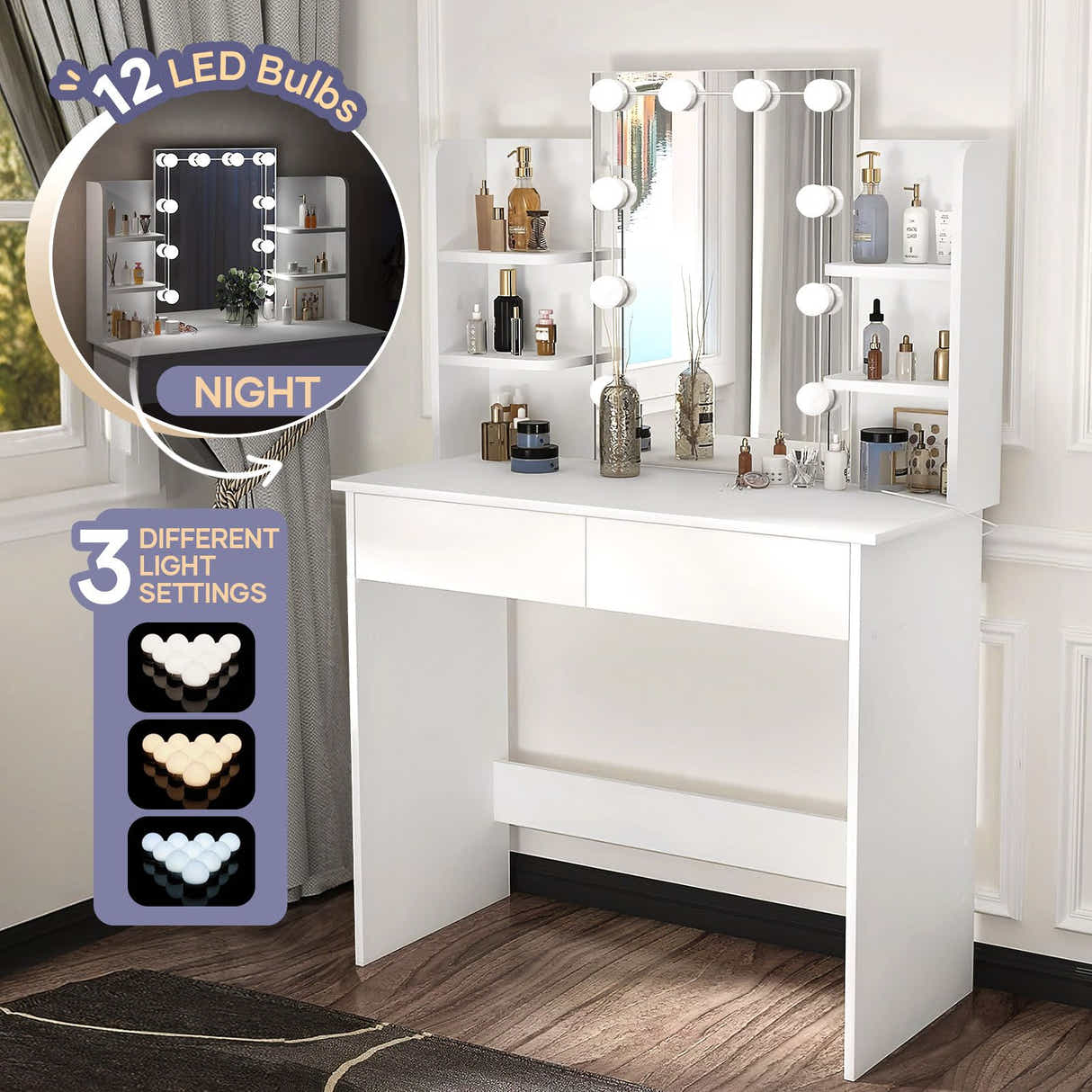 DS BD Hollywood Mirror Vanity Table Makeup Dresser White Dressing Desk Bedroom