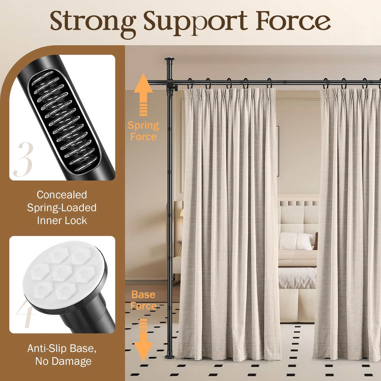 DS BD Room Divider Curtain Rod Separator No Drill Tension Wall Space Partition