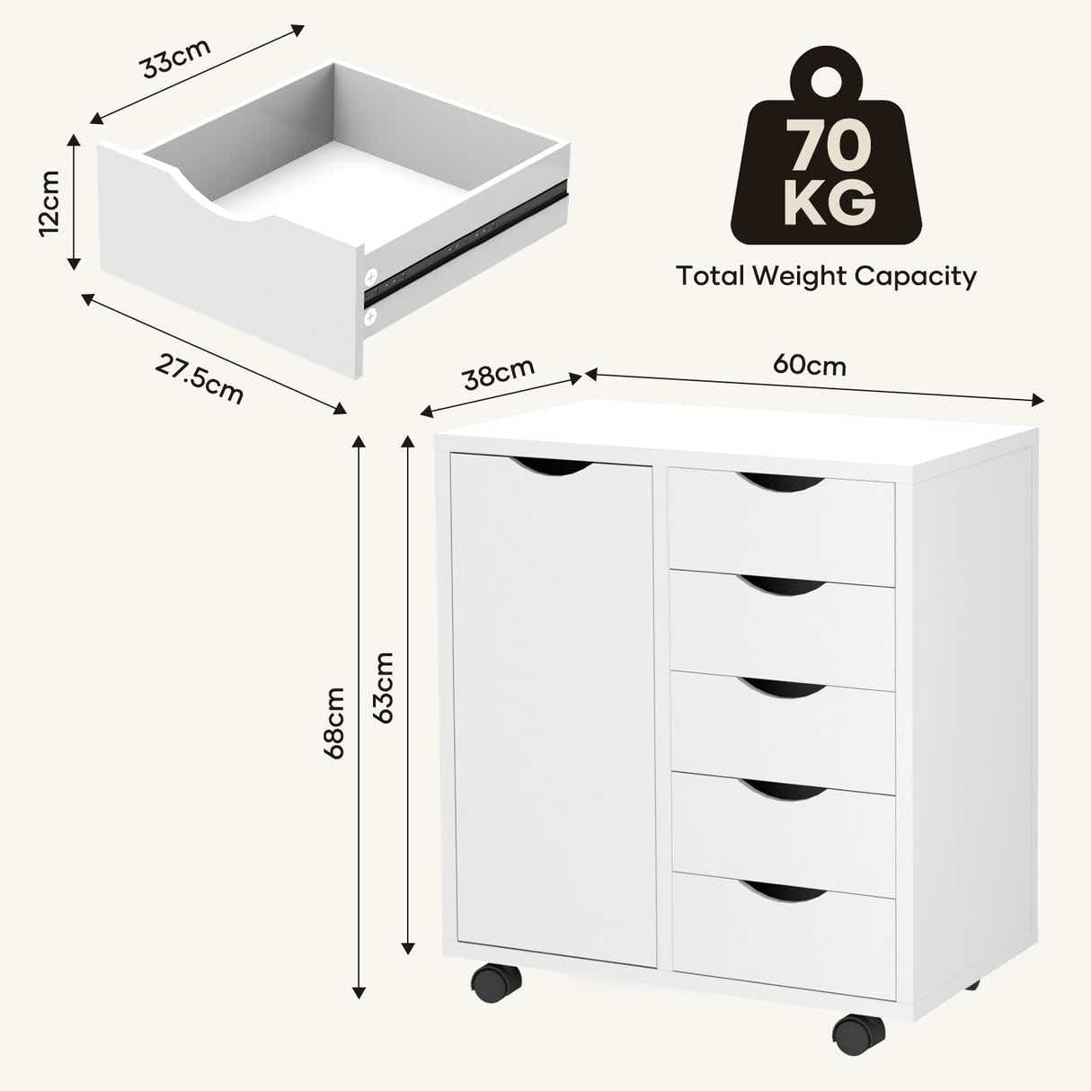 DS BD 5 Drawer File Cabinet Mobile Desk Filing DocumentOrganiser Side Chest Home