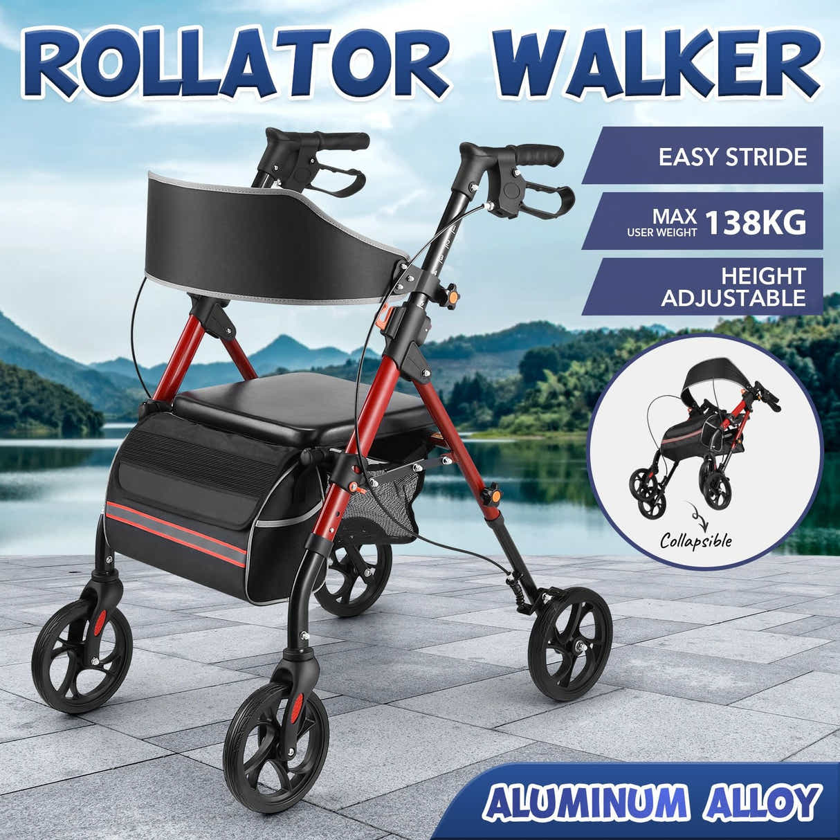 DS BD Rollator Walker Seat 4 Wheel Seniors Elderly Lightweight Walking Mobility