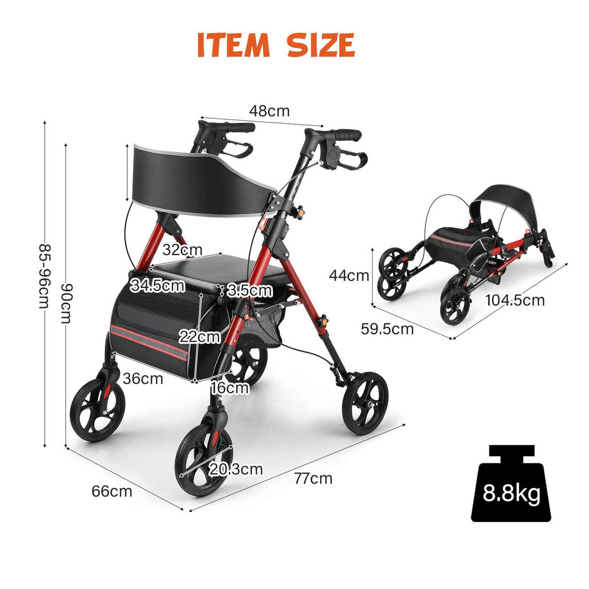 DS BD Rollator Walker Seat 4 Wheel Seniors Elderly Lightweight Walking Mobility