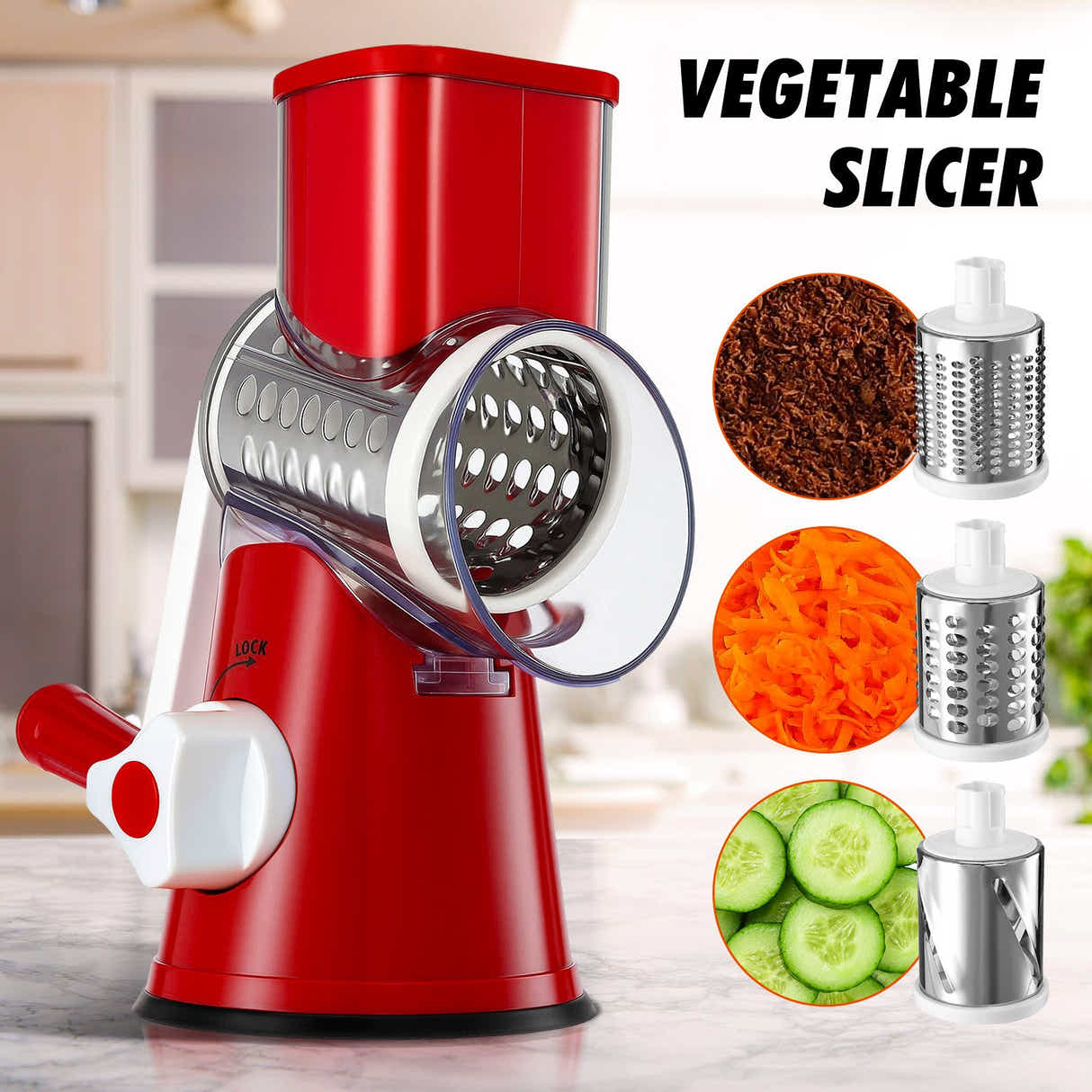 DS BD 3in1 Vegetable Slicer Rotary Food Potato Mandoline Cheese Grater DrumFruit