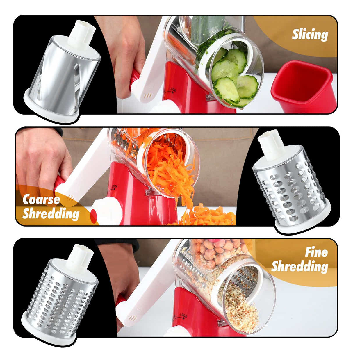 DS BD 3in1 Vegetable Slicer Rotary Food Potato Mandoline Cheese Grater DrumFruit