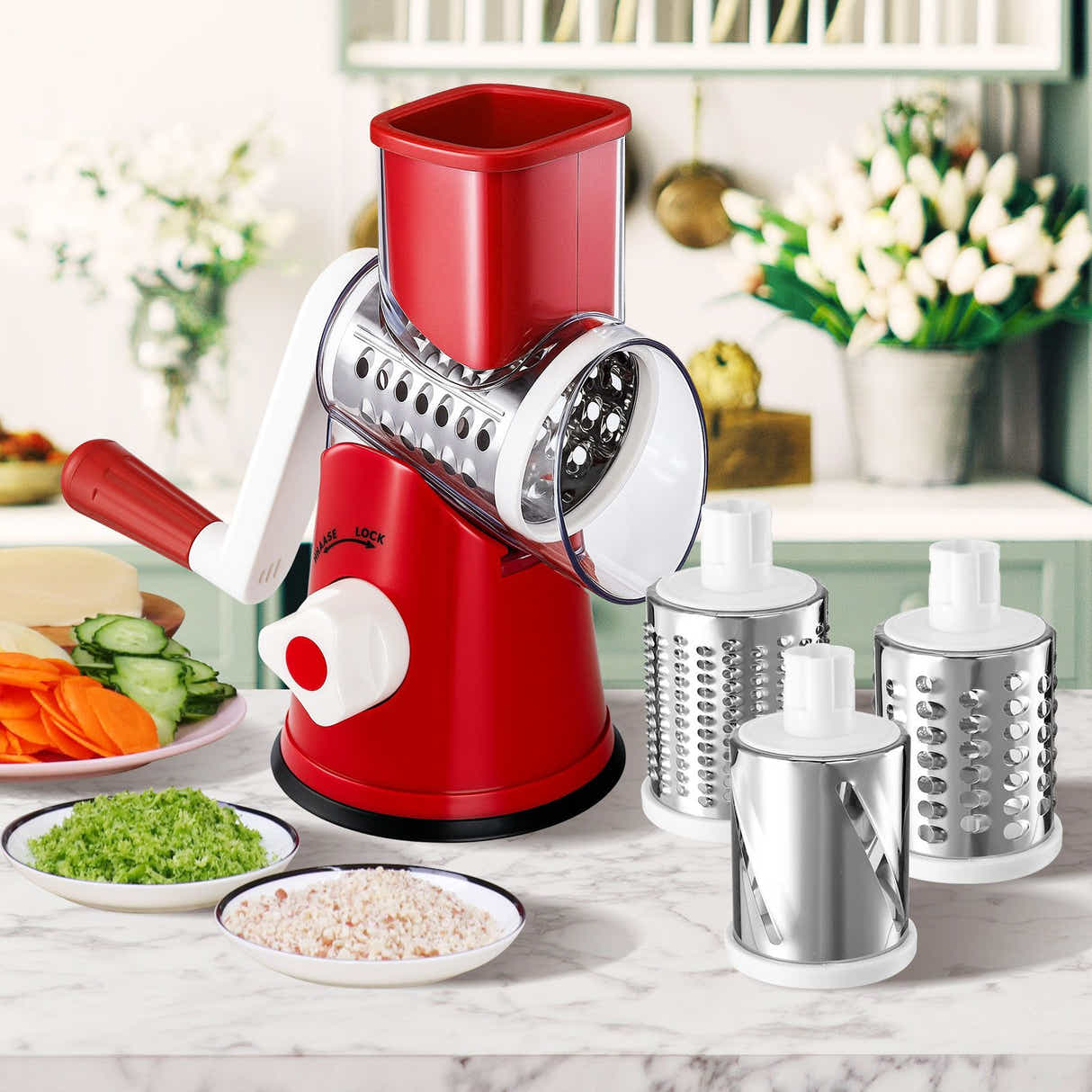 DS BD 3in1 Vegetable Slicer Rotary Food Potato Mandoline Cheese Grater DrumFruit