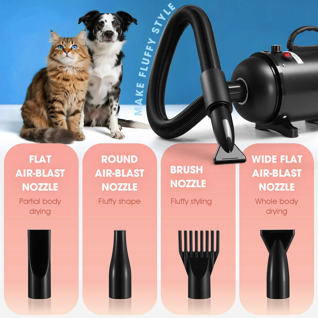 DS BD Dog Hair Dryer Vacuum Pet Cat Grooming Kit 4 Nozzles Hairdryer Blower Blow