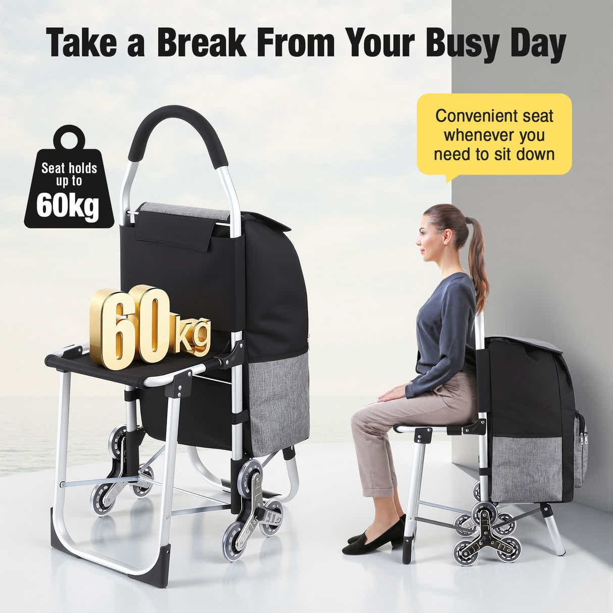 DS BD Shopping Cart Folding Trolley Dolly Grocery Bag Stair Climbing Wheels