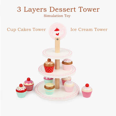 DS BS Wooden 3 Layer Cup Cakes Pretend Play Dessert Tower