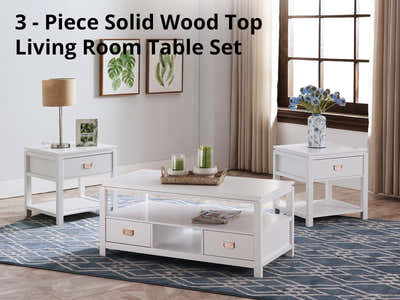 3-Piece Solid Wood Coffee Table Set - White