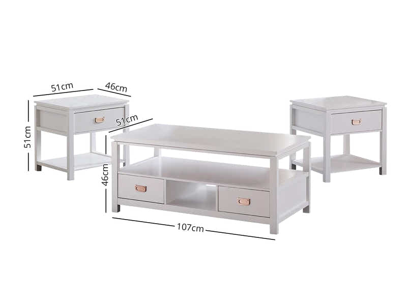 3-Piece Solid Wood Coffee Table Set - White