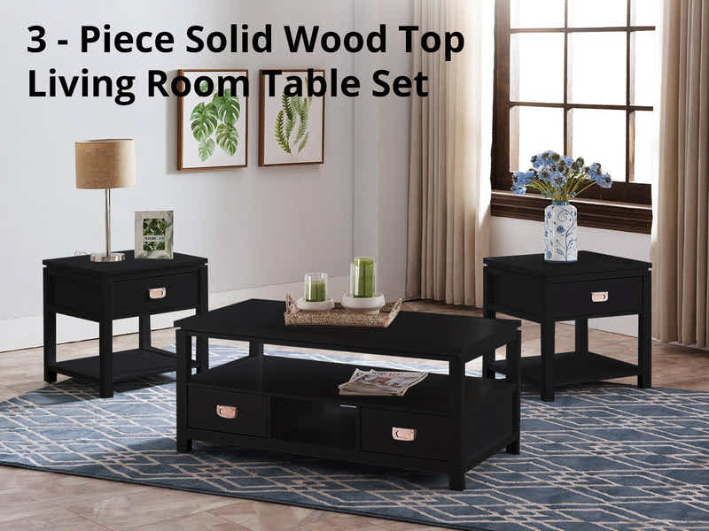 3-Piece Solid Wood Coffee Table Set - Black