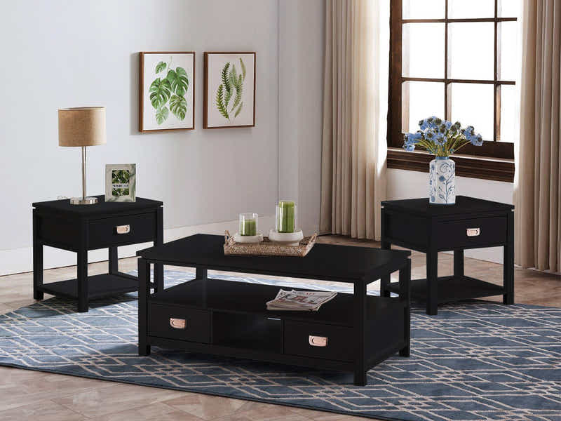 3-Piece Solid Wood Coffee Table Set - Black
